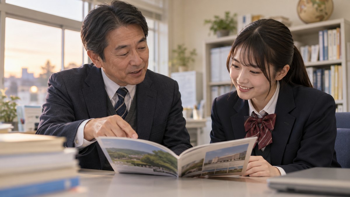 平日の夕方、高校の進路指導室で、50代の男性の先生と高校3年生の女子生徒が机をはさんで座り、パンフレットを一緒に見ながら話している近景。パンフレットの文字は読めない