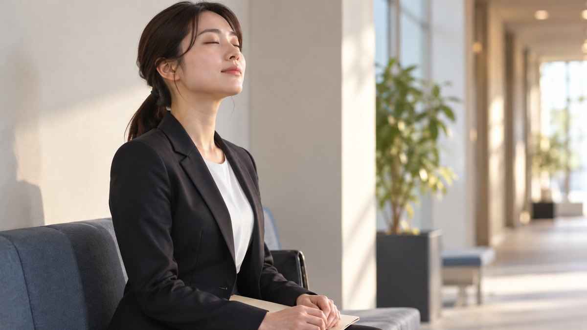 朝、会社の静かな廊下のベンチで、20代後半の女性が背すじを伸ばして座り、目を閉じてゆっくり息を吐きながら面接の順番を待っている近景。壁や手元の紙の文字は見えない
