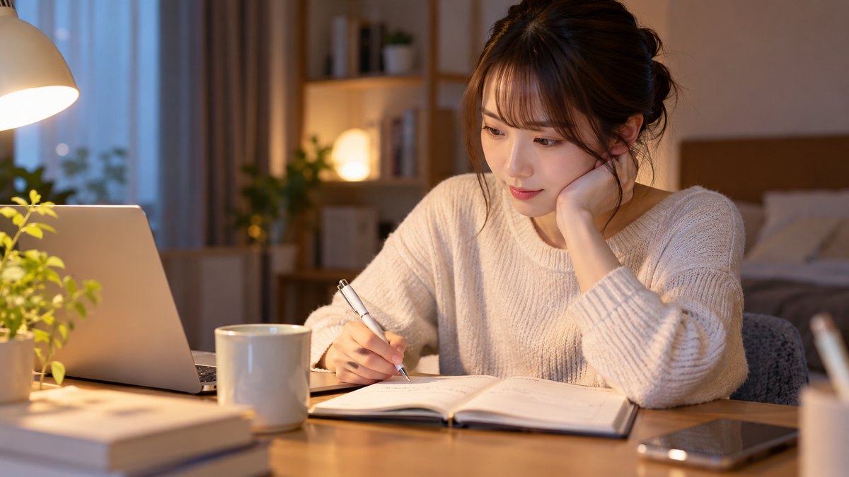 平日の夜、自宅の勉強机で、20代前半の女性がノートパソコンの横に手帳を開き、ペンを持って予定を書き込みながら考えている近景。画面と手帳の文字は読めない