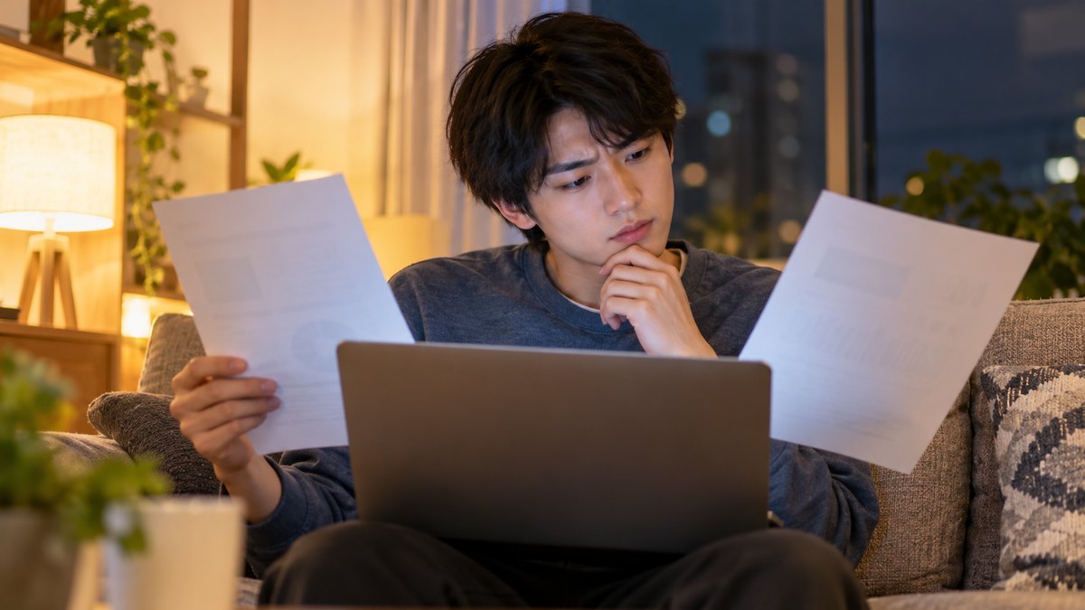 夜、自宅のリビングのソファで、20代前半の男子学生がノートパソコンを膝に乗せ、2つの資料を見比べながら首をかしげて考えている近景。画面と資料の文字は読めない