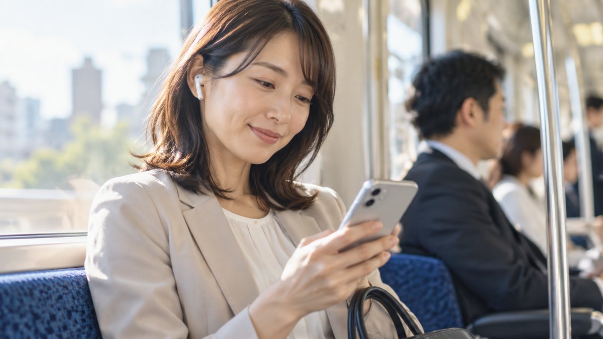 朝、通勤電車の座席で、30代の女性会社員がイヤホンをつけ、手元のスマホを見ながら小さくうなずいて何かを聞いている近景。スマホの画面の文字は見えない