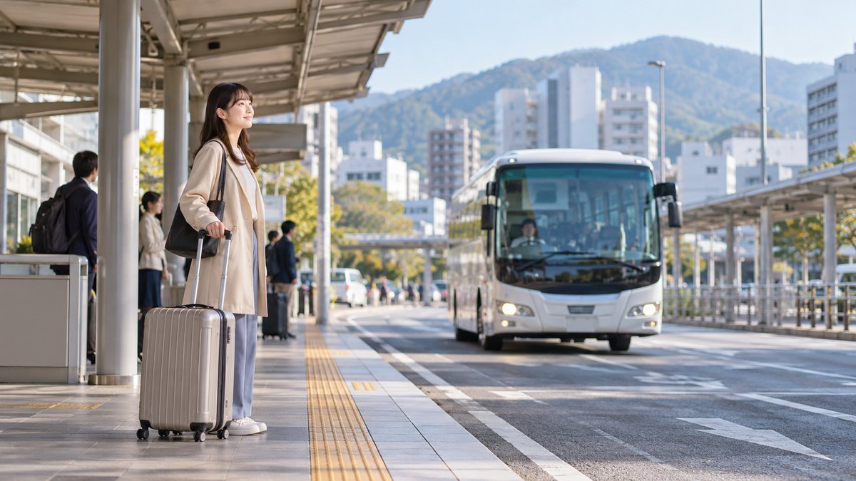 朝、地方都市の駅前の高速バスのりばで、20代前半の女性がスーツケースを横に置いて立ち、到着するバスの方向を見ながら前向きな表情で待っている遠景。看板や時刻表の文字は見えない