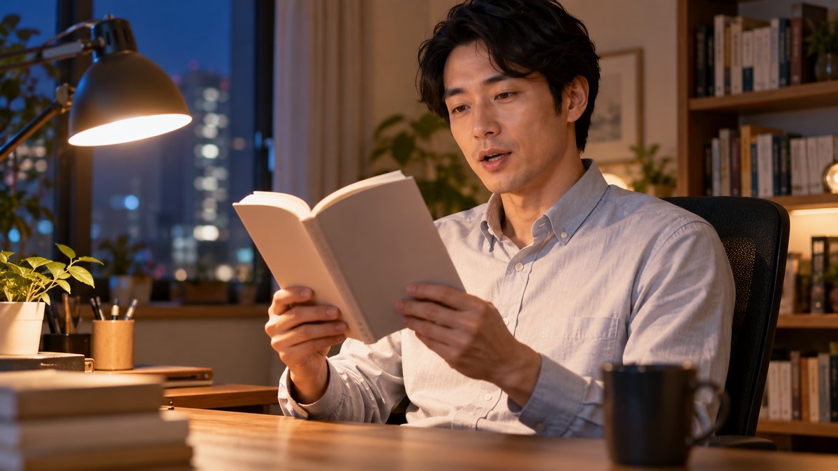平日の夜、自宅の書斎で、30代の男性会社員が本を両手に持ち、デスクライトの明かりの下で背すじを伸ばして声に出して朗読している近景。本の文字は読めない