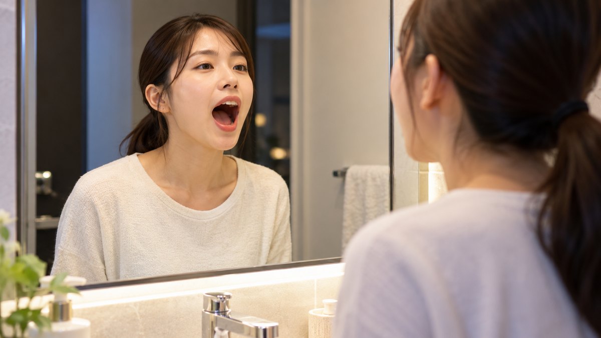 夜、自宅の洗面所の鏡の前で、20代の女性が背すじを伸ばし、口を大きく開けて母音の発声練習をしている近景。鏡に映る顔もはっきり見える。文字は無い