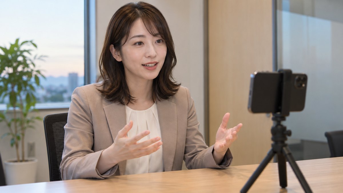 平日の夕方、会社の小さな会議室で、30代の女性会社員が机の上の三脚に立てたスマホに向かって原稿を持たずに話し、自分の話す様子を撮影している近景。スマホの画面の文字は見えない