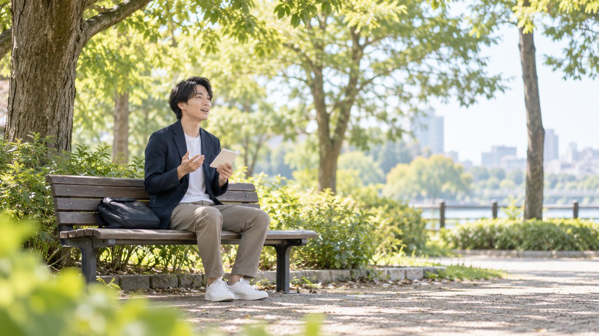 週末の午後、公園の木かげのベンチで、20代の男性が小さなメモを片手に持ち、前を向いて声に出して自己紹介の練習をしている遠景。メモの文字は見えない