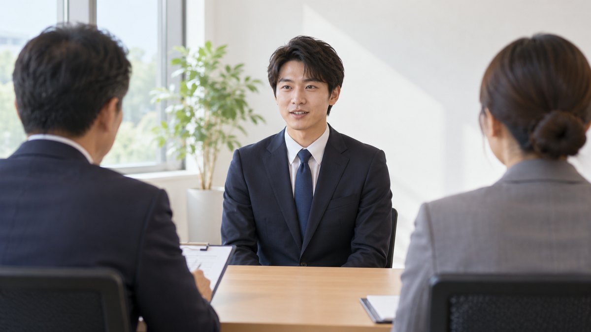 午後、明るく静かな面接室で、20代の男性が机をはさんで座る2人の面接官の前で、背すじを伸ばして落ち着いた表情で受け答えしている。面接官2人は手前に背中だけ写る。机の書類の文字は見えない