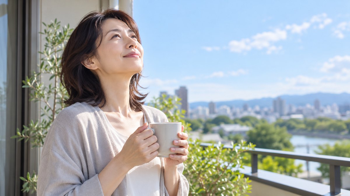 休日の朝、自宅のベランダで、40代の女性がマグカップを手に持ち、落ち着いた表情でゆっくり深呼吸しながら空を見上げている近景。文字は無い