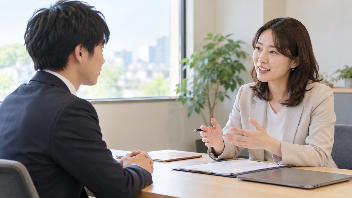 午後、窓のある小さな面談室で、30代の女性講師と20代前半の男子学生が1対1で向かい合って座り、講師が身ぶりを交えて面接の受け答えを助言している近景。机の書類の文字は見えない