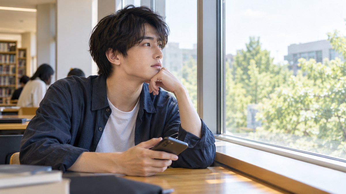 平日の昼、大学の図書館の窓際の席で、20代前半の男子学生がスマホを手に持ち、窓の外の木々を眺めながら考えごとをしている近景。スマホの画面の文字は見えない