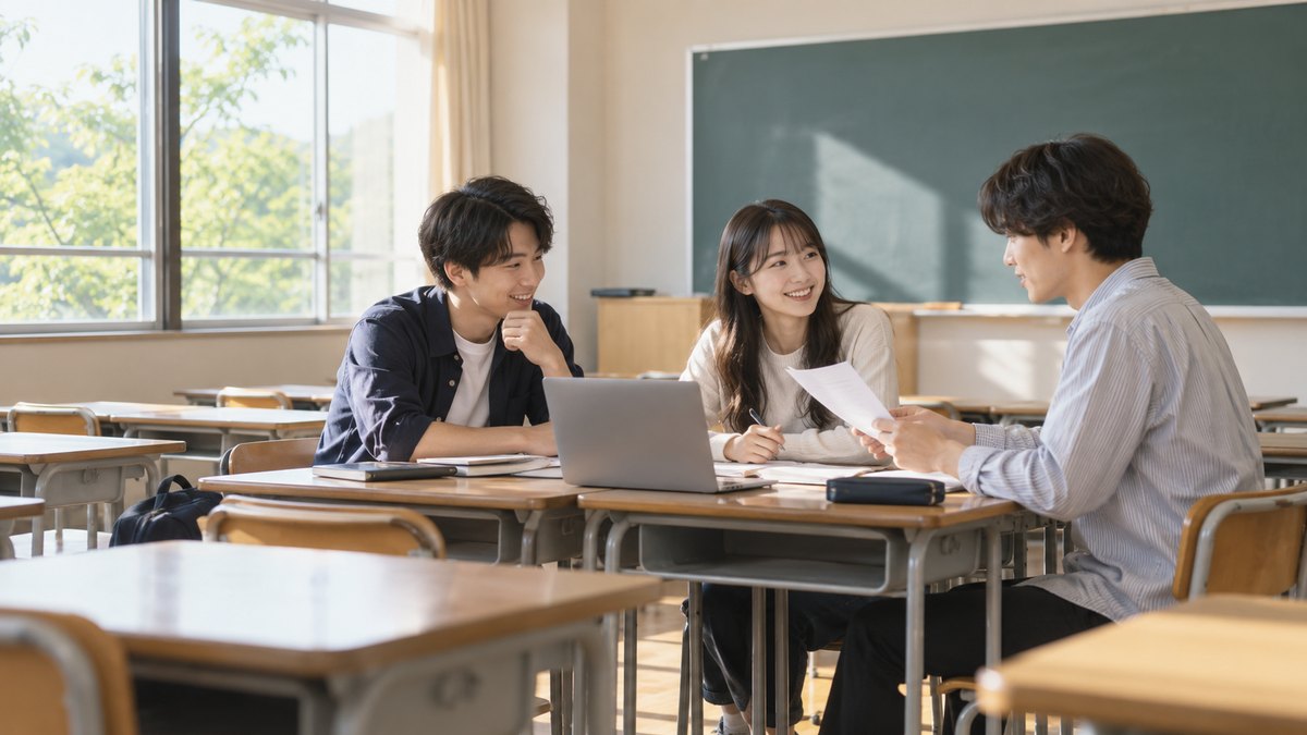 放課後、大学の空き教室で、20代前半の男女3人の学生が机を寄せて座り、1人が紙の原稿を読み上げ、ほかの2人が笑顔で感想を伝えている遠景。原稿や黒板の文字は見えない