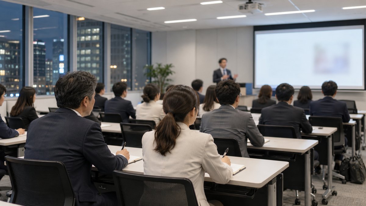 平日の夜、オフィスビルの研修室で、40代の男性と30代の女性の会社員が並んで座り、前で話す講師の方を見ながらノートにメモを取っている遠景。スクリーンやノートの文字は見えない
