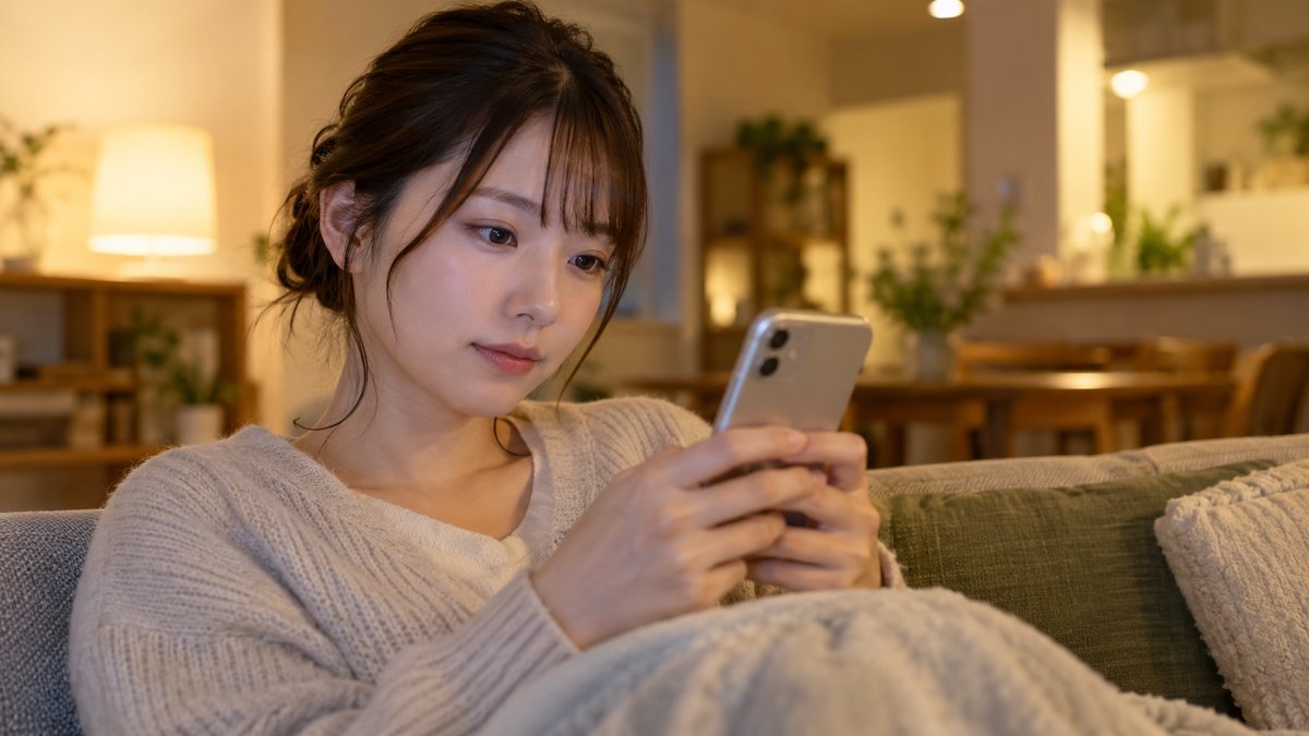 平日の夜、自宅のソファで、20代前半の女性がスマホを両手で持ったまま、文章を送る前に少し考えて指を止め、落ち着いた表情で見直している近景。スマホの画面は見えない