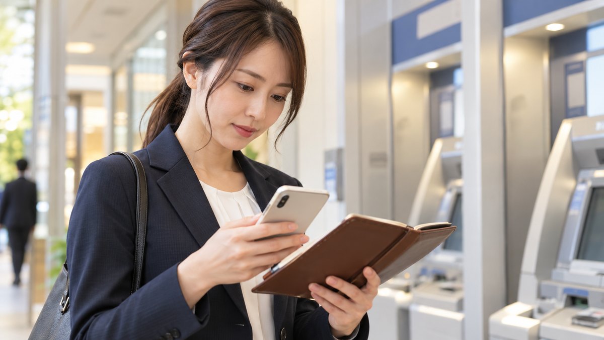 平日の夕方、銀行のATMコーナーの近くの明るい通路で、30代の女性会社員がスマホで振込の手続きを確かめながら、手帳と見比べている近景。画面と手帳の文字は見えない