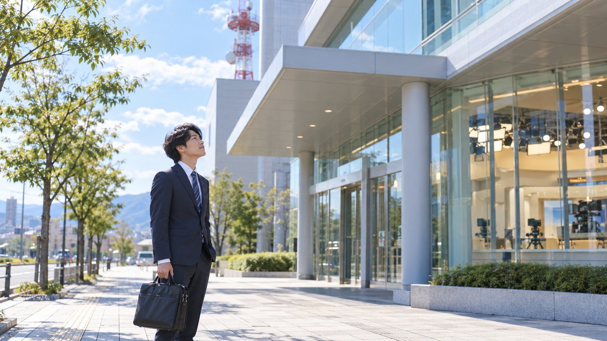 朝、地方都市のテレビ局の前の歩道で、20代後半の男性がスーツ姿で建物を見上げ、少し緊張しながらも前向きな表情で立っている遠景。建物や看板に文字やロゴは見えない
