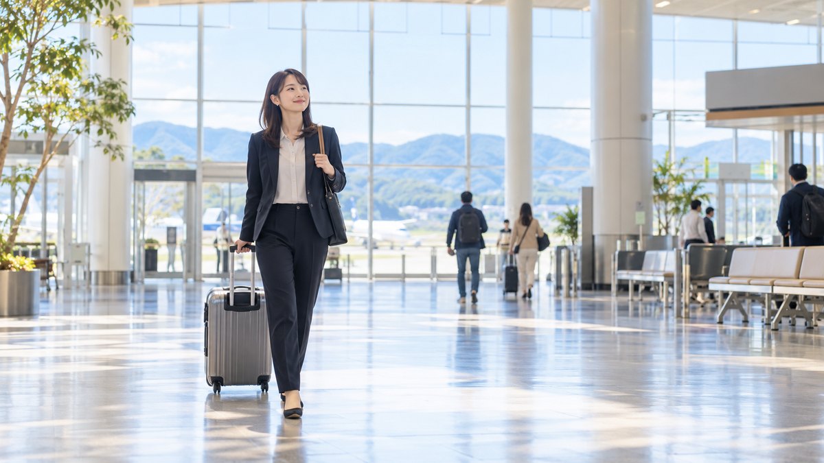 午後、地方空港の明るい到着ロビーで、20代後半の女性がスーツ姿でスーツケースを引きながら、新しい街に着いた前向きな表情で歩いている遠景。案内表示や看板の文字は見えない