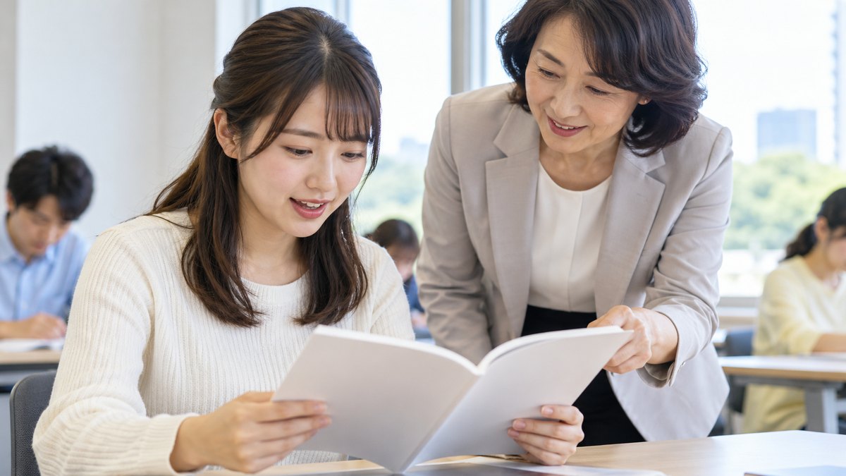 平日の午後、明るい研修室の机の上に置かれた紙の教本を、20代の女性が両手で持ち、隣に立つ50代の女性講師の説明を聞きながら声に出して読んでいる近景。教本の文字は読めない