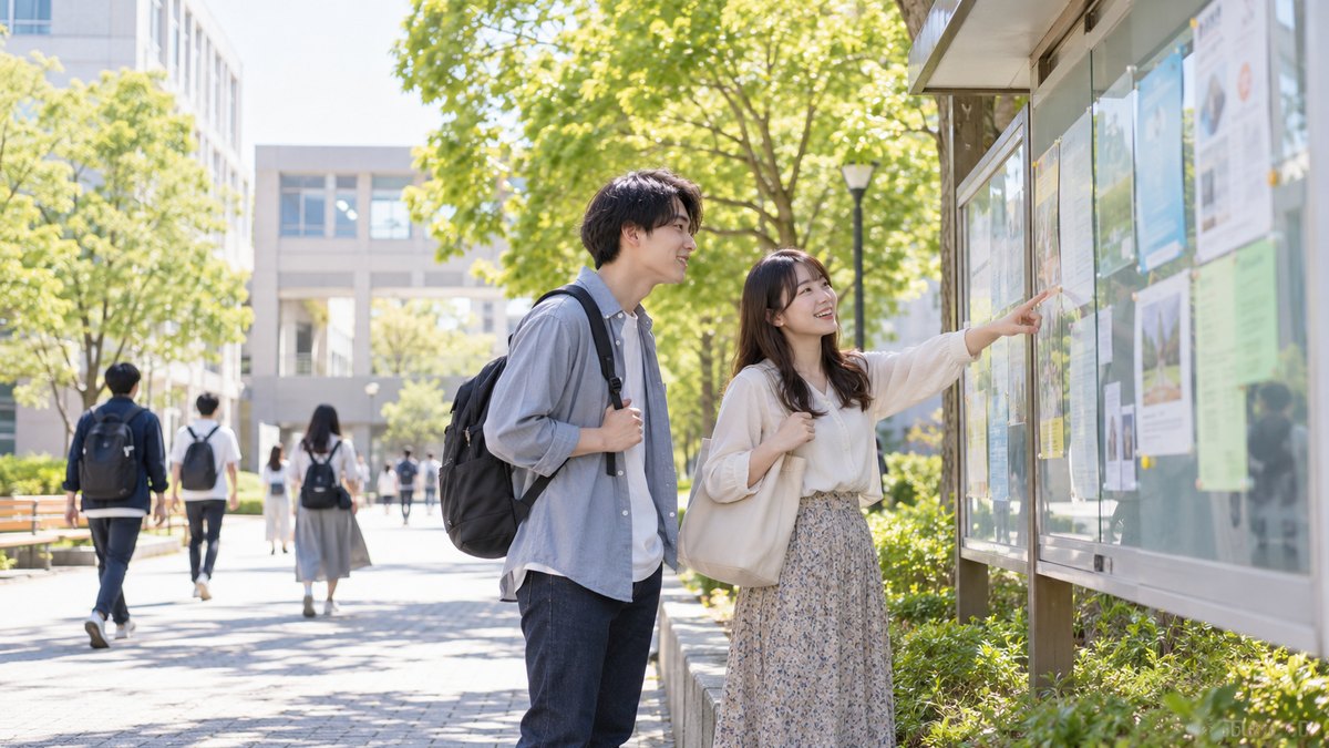 平日の午後、大学のキャンパスの掲示板の前で、20代前半の男女2人の学生が並んで立ち、掲示物を指さしながら楽しそうに話している遠景。掲示物の文字は読めない