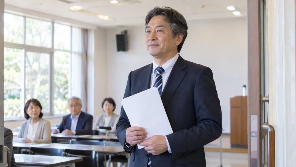 地域の会館の会議室で、総会の資料を手にした男性が前に出る前に静かに前を見ている