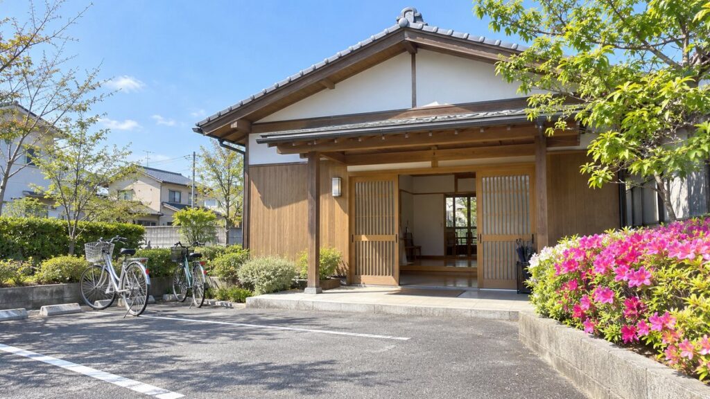 春の朝、住宅街にある地区の集会所の外観。入口の引き戸が開き、前に自転車が止まっている