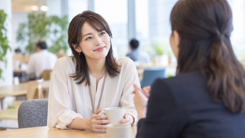 明るいオフィスのカフェスペースで、同僚の話に身を乗り出してうなずきながら聞く30代の女性