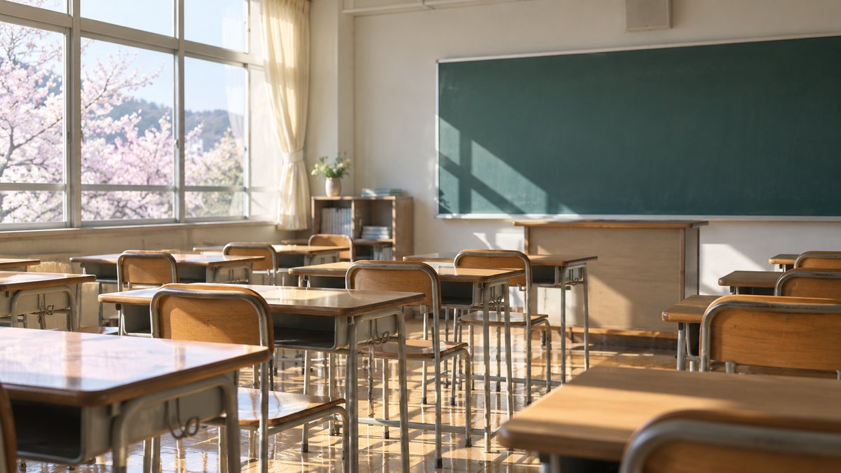 春の朝、誰もいない教室。窓から差し込む光が木の机と椅子の列を照らし、黒板には何も書かれていない