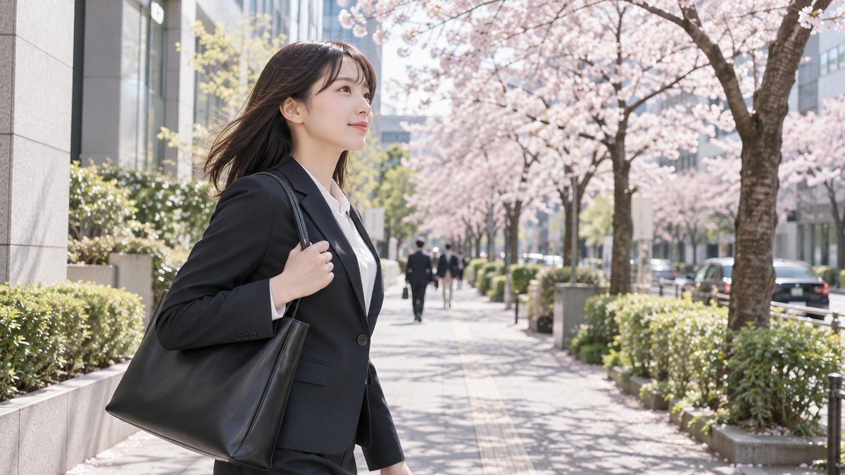 春の朝のオフィス街の歩道で、新しいスーツを着た20代前半の女性が、桜の街路樹の下を少し緊張しながらも前を向いて会社へ歩いている横顔。看板や建物の文字は写っていない