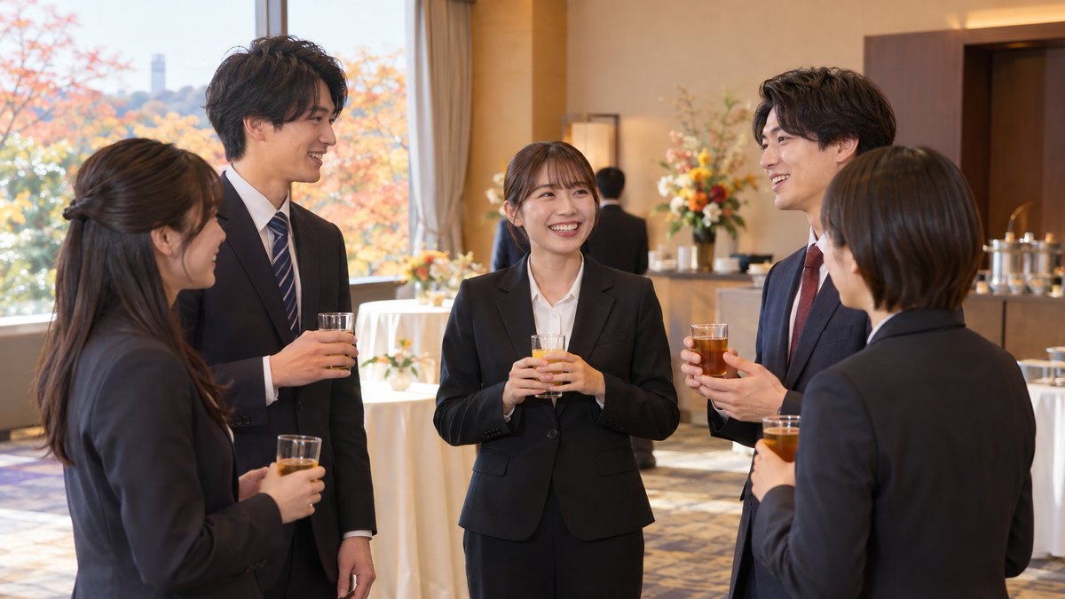 秋の日のホテルの小さな会場で、内定式を終えた20代前半の男女5人ほどが、飲み物を手に輪になって和やかに自己紹介し合っている。名札や看板の文字は写っていない
