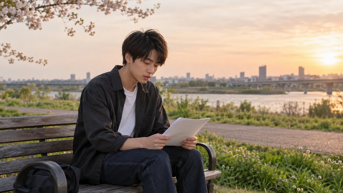 春の夕方の河川敷のベンチで、20代前半の男性が膝の上の紙を見ながら、小さく口を動かして読む練習をしている。紙の文字は読めない
