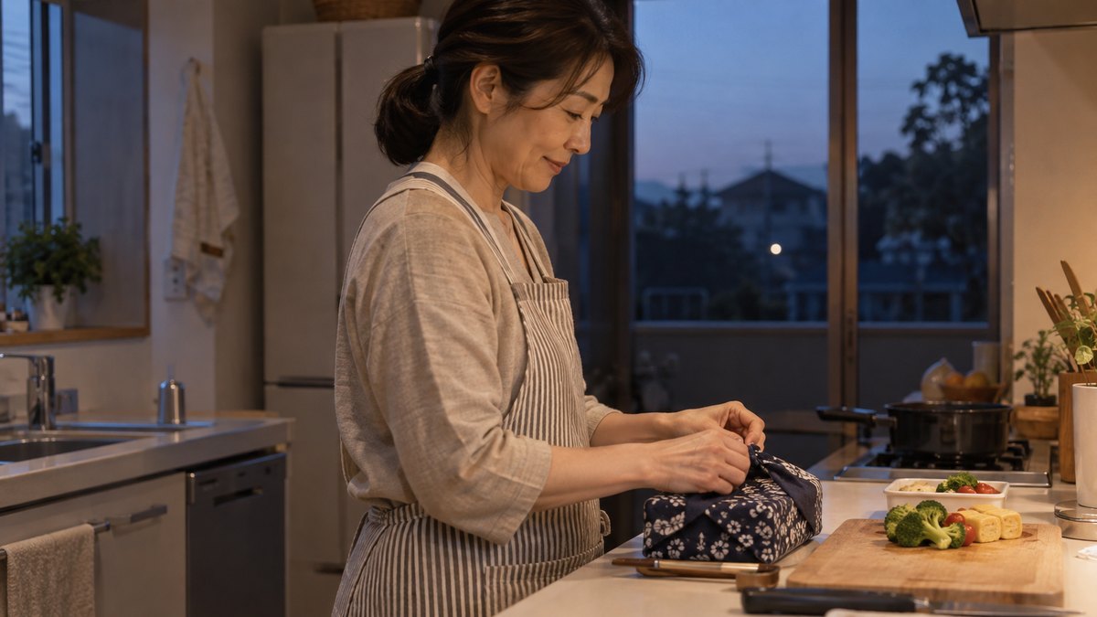 早朝の家庭の台所で、50代の女性がまな板の横で弁当箱を布で包んでいる手元と横顔。窓の外はまだ薄暗い