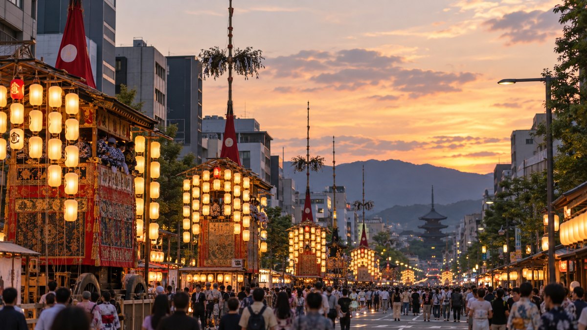 夏の夕暮れの京都の大通りに、提灯をともした祇園祭の山鉾が立ち並ぶ遠景。人々は小さく写り、看板や提灯の文字は読めない