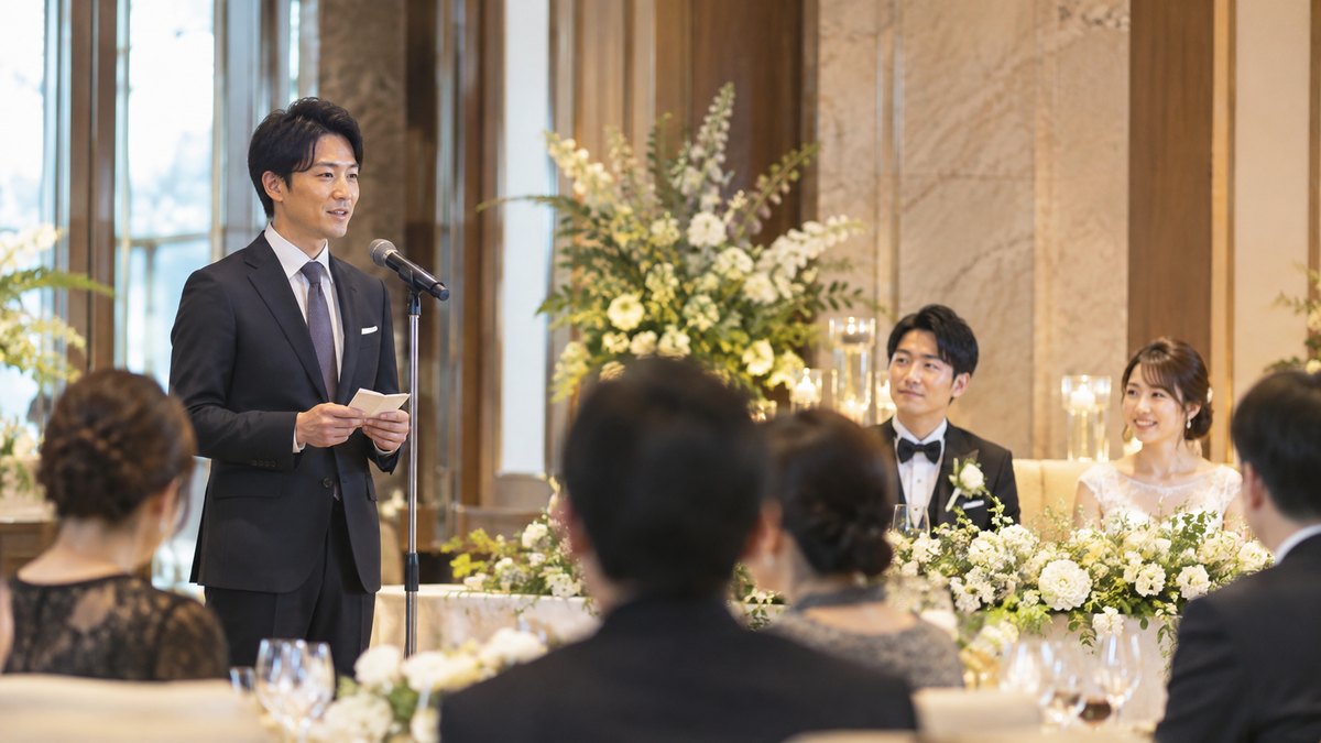 ホテルの結婚披露宴の会場で、ダークスーツの30代の男性が、新郎新婦の友人代表としてマイクの前に立ち、メモを手に穏やかな表情で話している。看板や文字は写っていない