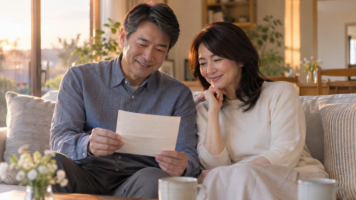 春の夕方、自宅の居間で、50代の父親と母親がソファに並んで座り、一枚の便箋を一緒に読みながら目を細めている。便箋の文字は読めない