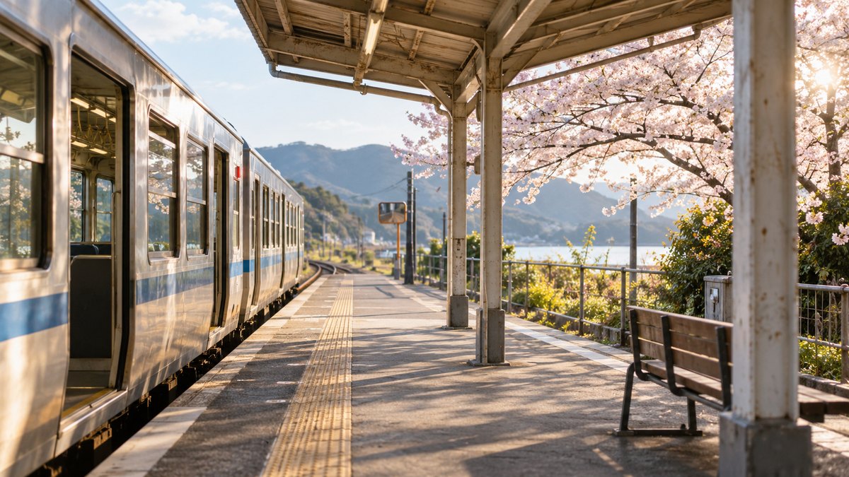 春の朝の小さな駅のホーム。停車している電車と、屋根の下に差し込む柔らかな光、ホームの端に咲く桜の木が見える。人物はいない