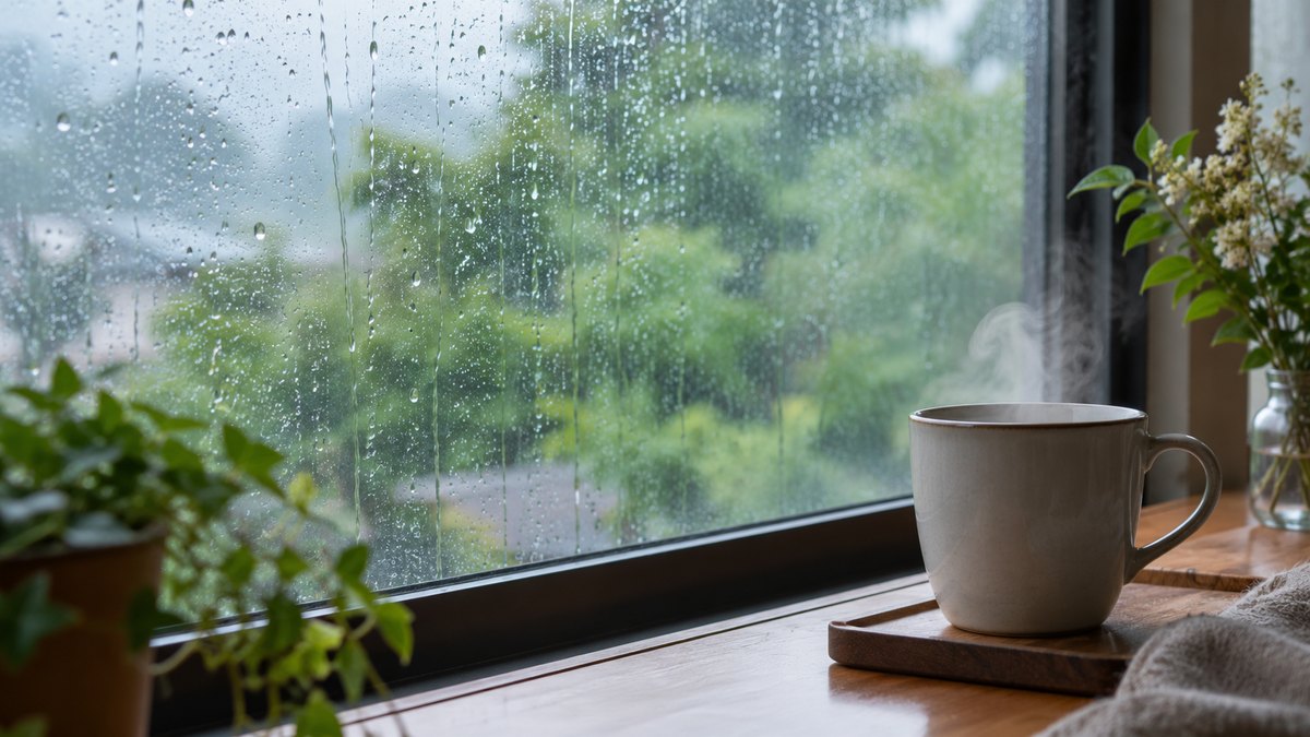雨の降る3月の朝、窓ガラスに雨粒がつき、その向こうにぼんやりと緑の木々が見える。窓辺には湯気の立つマグカップが置かれている。人物はいない