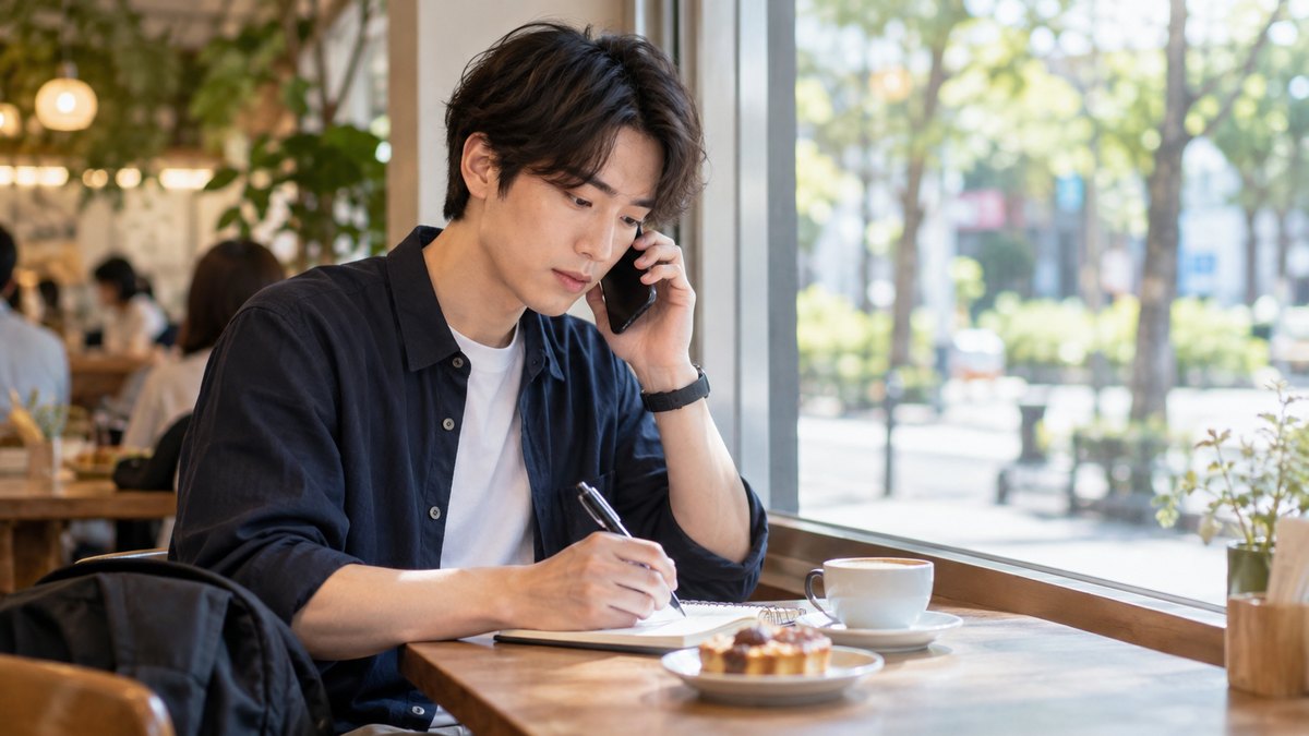 昼下がりの街のカフェの窓際の席で、20歳前後の男性がスマートフォンで電話をしながら、小さなノートにペンで書き留めている。ノートやスマホ、店内の文字は読めない