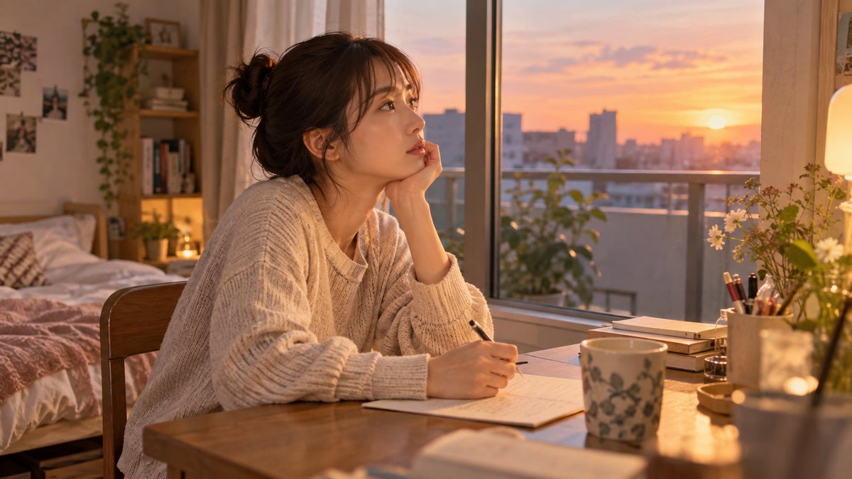 春の夕方、ワンルームの部屋の机で、20代前半の女性が便箋に下書きを書きながら、窓の外の夕焼けを見て言葉を考えている。紙の文字は読めない