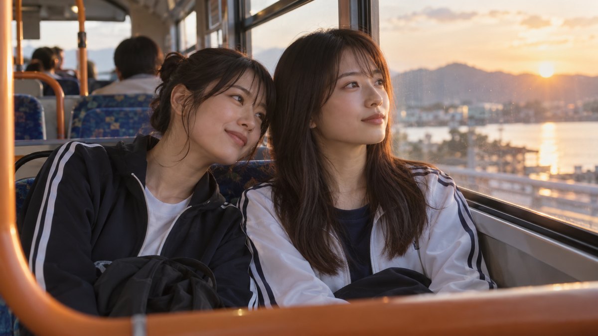 夕方の帰りのバスの車内で、ジャージ姿の20歳前後の女性が窓際の席に座り、夕日に照らされた窓の外を静かに見つめている。隣の席の友人がそっと肩を寄せている。車内の掲示や文字は読めない