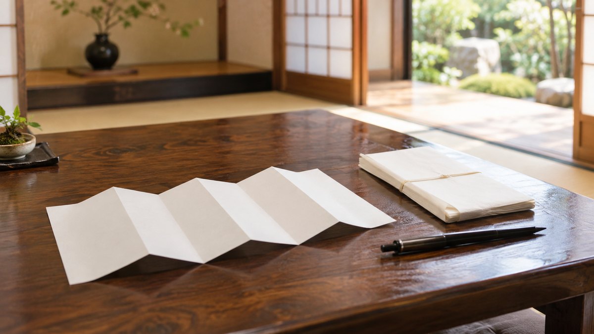 和室の座卓の上に、白い蛇腹折りの和紙の用紙と、それを包む白い奉書紙、筆ペンが並べて置かれている。紙には何も書かれていない。人物はいない