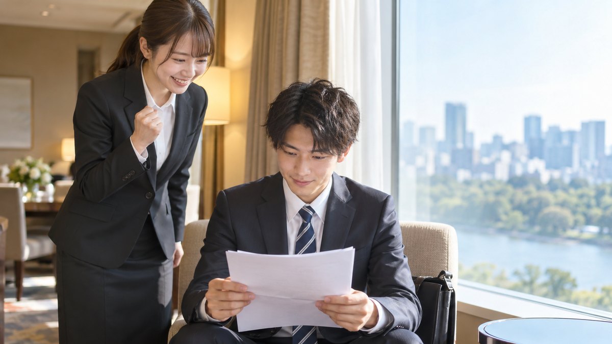 ホテルの控室で、入社式の始まる前に、スーツ姿の20代前半の男性が窓際の椅子に座って白い紙を見返し、隣に立つ同期の女性が笑顔で小さくガッツポーズを見せて励ましている。紙の文字は読めない