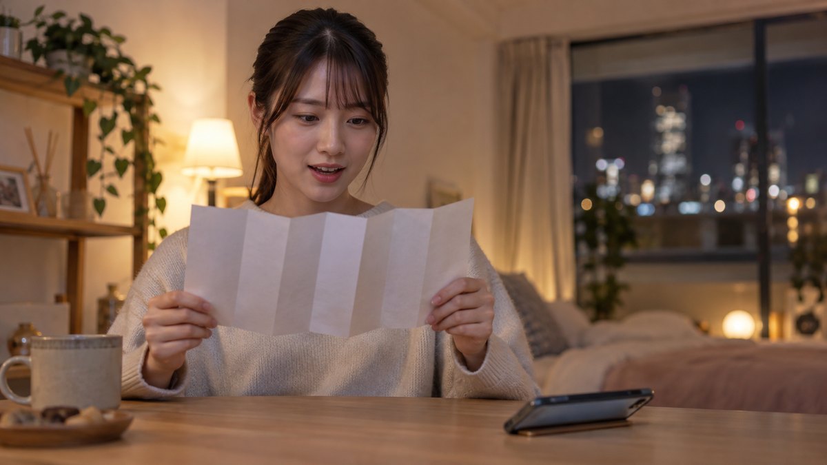 夜のアパートの部屋で、20代前半の女性がスマートフォンのストップウォッチを机に置き、蛇腹折りの白い紙を両手で持って声に出して読んでいる。画面と紙の文字は見えない