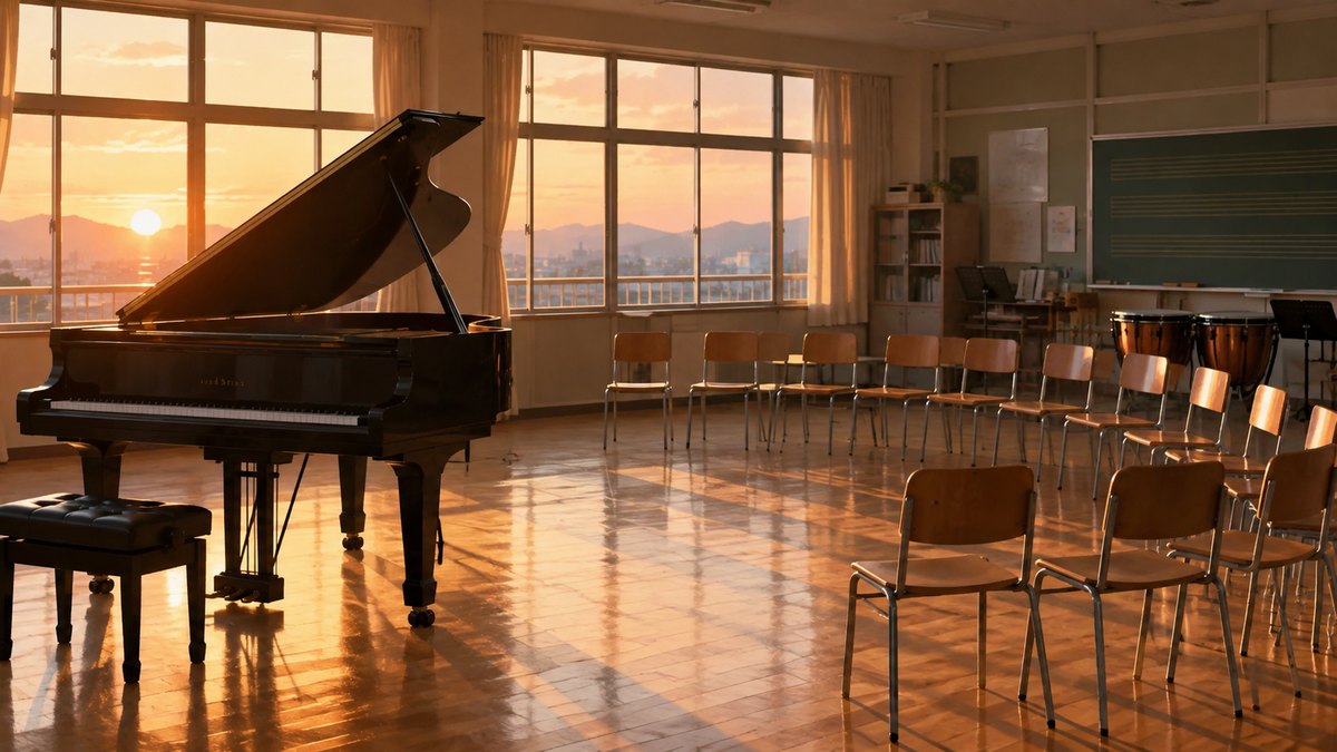 放課後の誰もいない学校の音楽室。窓から夕日が差し込み、黒いグランドピアノと、半円に並んだ椅子が見える。人物はいない。楽譜や掲示物の文字は読めない