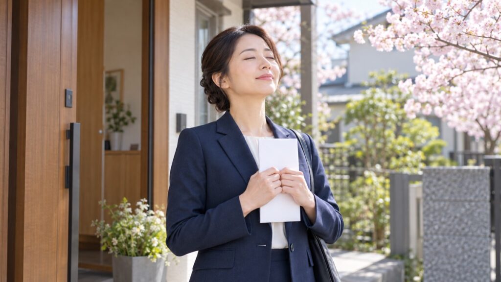 春の朝、自宅の玄関先で、紺のスーツの母親が白い封筒を胸に持ち、出かける前に深呼吸している