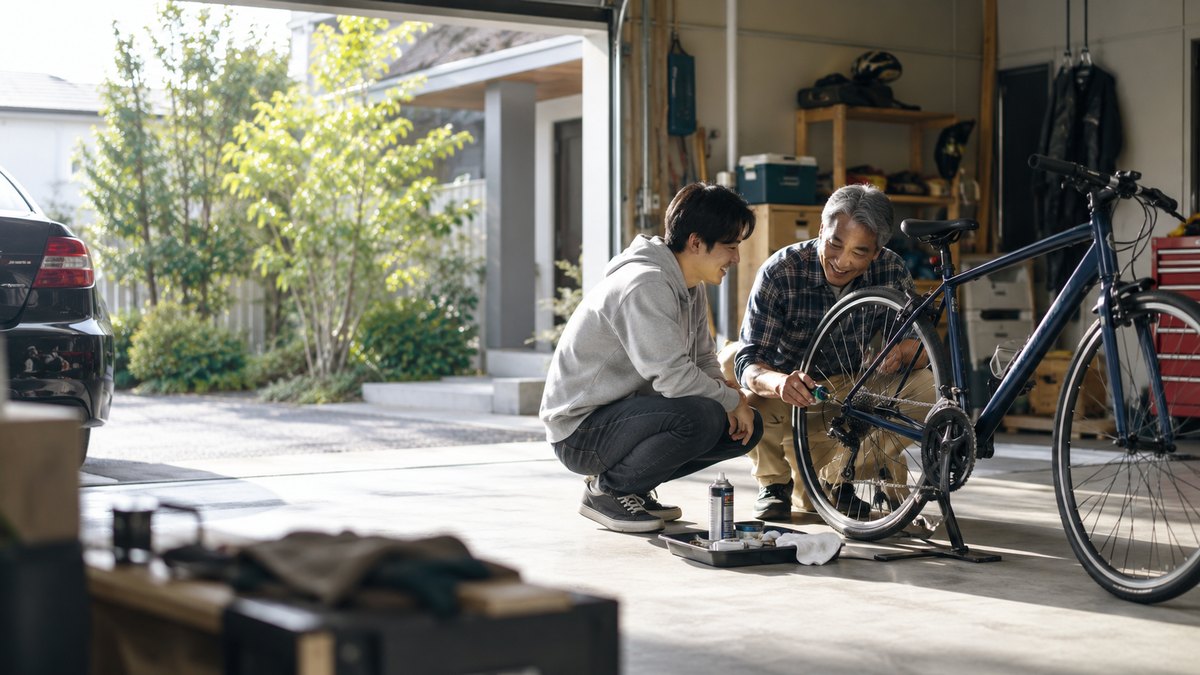 休日の昼、一戸建てのガレージで、60代の父親と30代の息子が並んでしゃがみ、1台の自転車のチェーンに油をさしながら笑って話している。顔は小さく写る