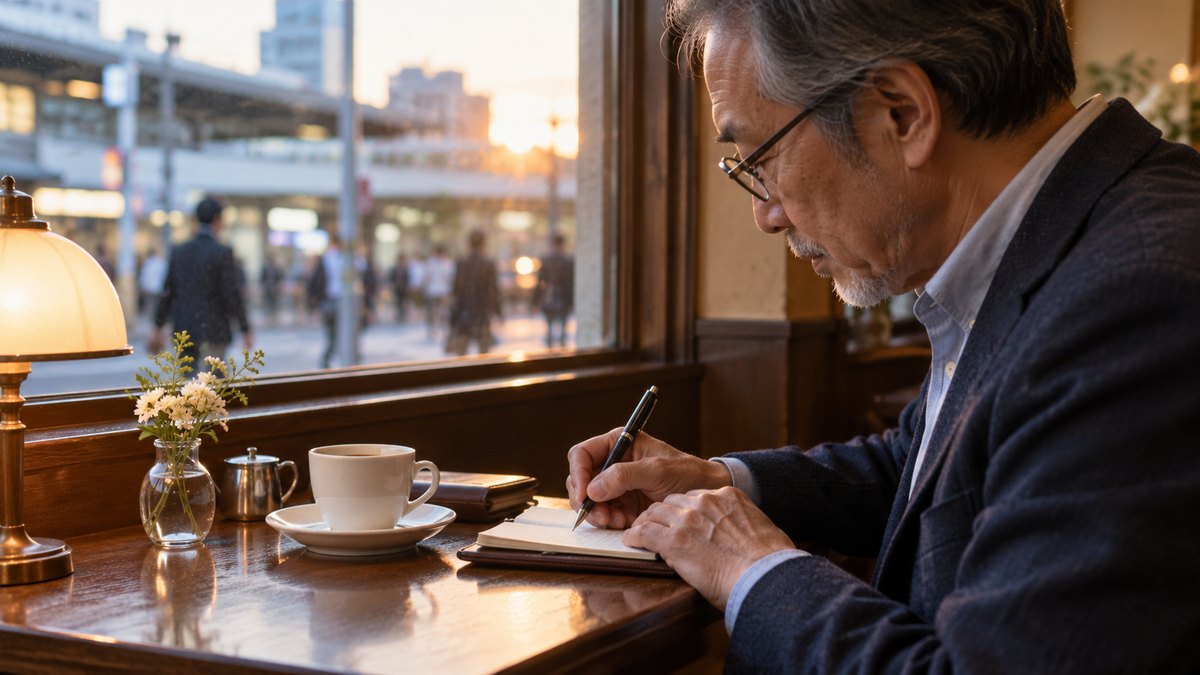 平日の夕方、駅前の小さな喫茶店の窓際の席で、60代の男性がコーヒーを前に、手帳に短い一行を書き込んでいる手元。手帳の文字は読めない