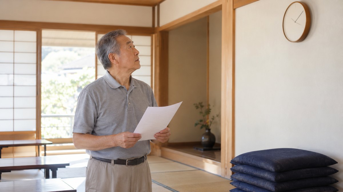 朝、町内の集会所の畳の部屋で、ポロシャツ姿の60代の男性が壁の丸い時計を見上げながら、手にした紙を小声で読んでいる。紙の文字は読めない