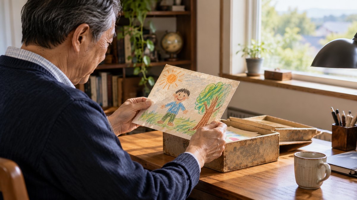 休日の朝、一戸建ての書斎で、60代の男性が棚から出した古い紙箱を机に置き、息子が小学生の頃に描いたクレヨンの絵を1枚手に取って眺めている手元。絵や紙に文字は無い