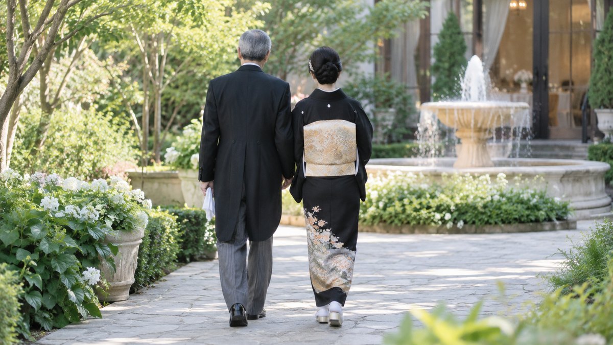 昼、結婚式場の庭園の小さな噴水の前の小道を、モーニングコートの60代の男性と黒留袖の60代の女性が並んでゆっくり歩いている後ろ姿。顔は写らない