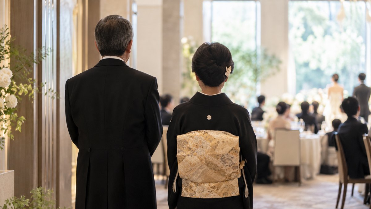 昼、披露宴会場の後方の壁ぎわに、モーニングコートの60代の男性と黒留袖の60代の女性が並んで立ち、前方の明るい方を静かに見守っている後ろ姿。顔は写らない