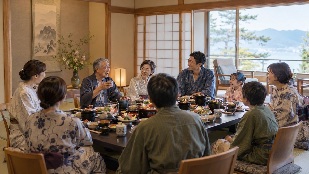 昼、温泉宿の和室の個室で、座卓を家族10人ほどが囲む食事会の最中に、60代の男性が座ったまま湯のみを手に何か話し、家族が笑顔で耳を傾けている。顔は小さく写る